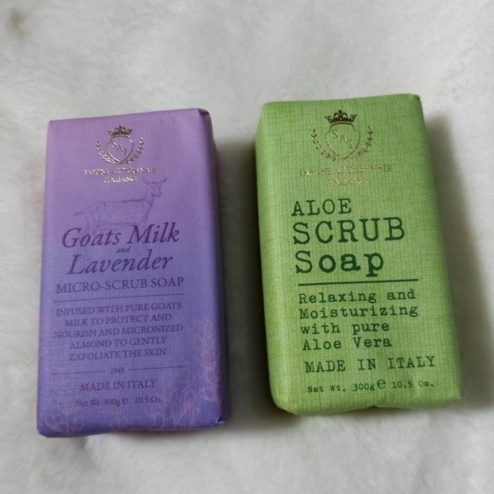 Goats Milk & Lavender Micro-Scrub Soap and Aloe Scrub Soap Set. Made In Italy.